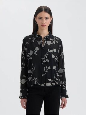 NVLT CROPPED BROIDERY SHIRT Black Floral Button-Front Long-Sleeve Top Size M